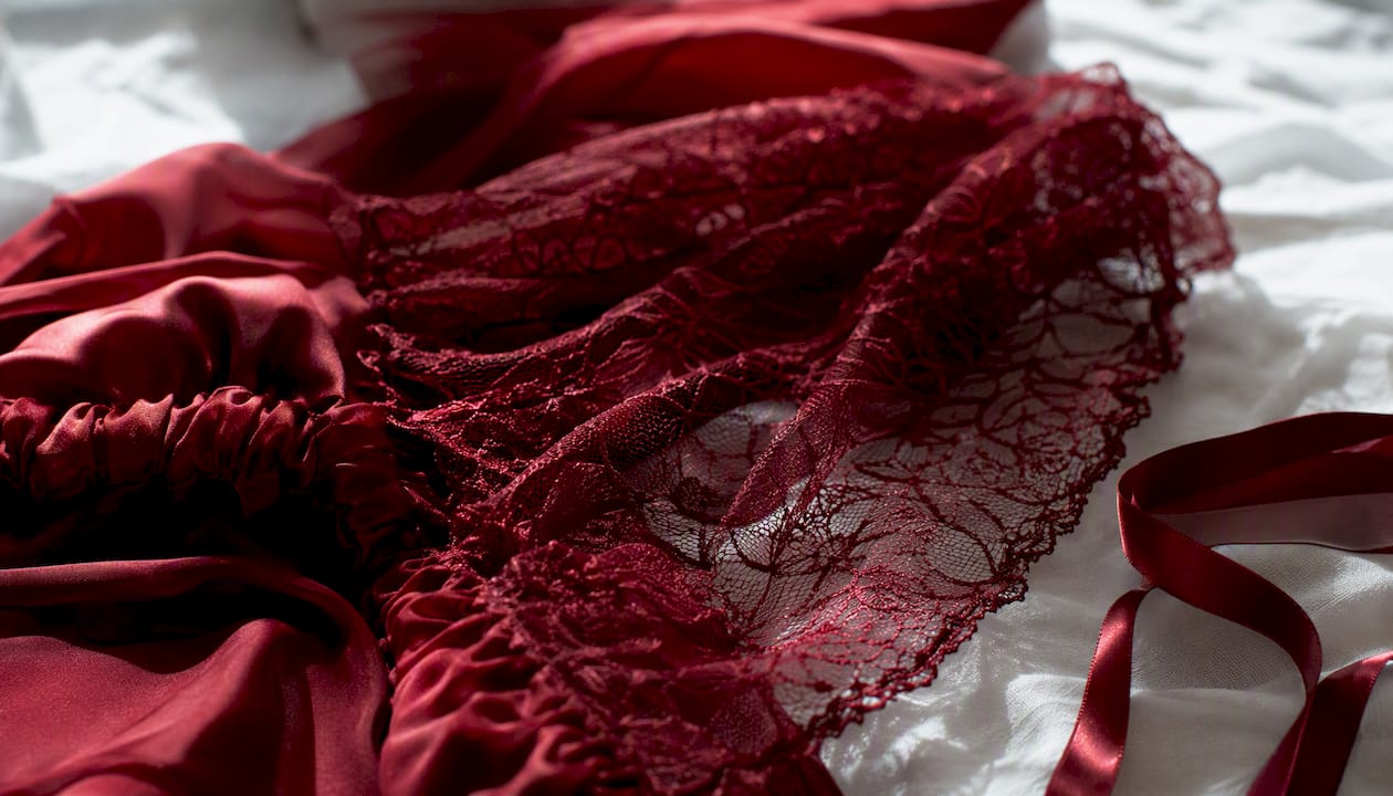Close-up of satin and lace fabrics for garter