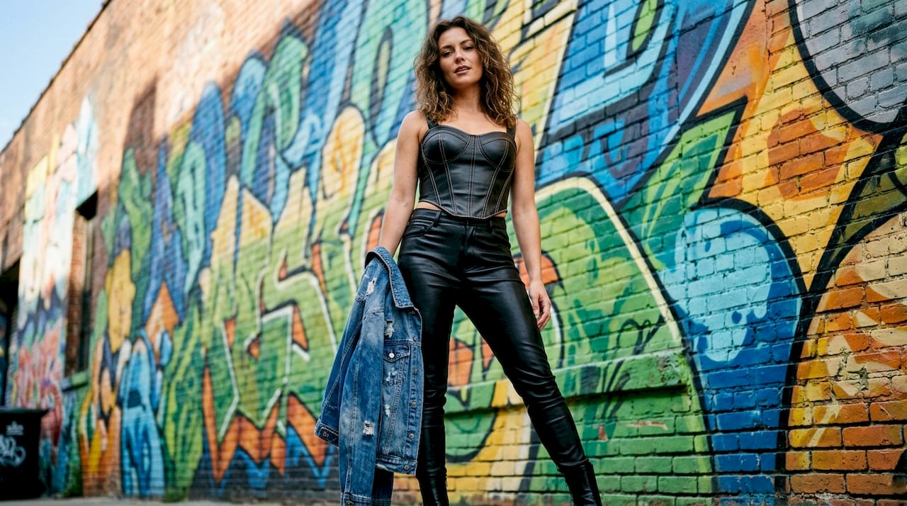 Faux leather corset with leather pants edgy outfit detail