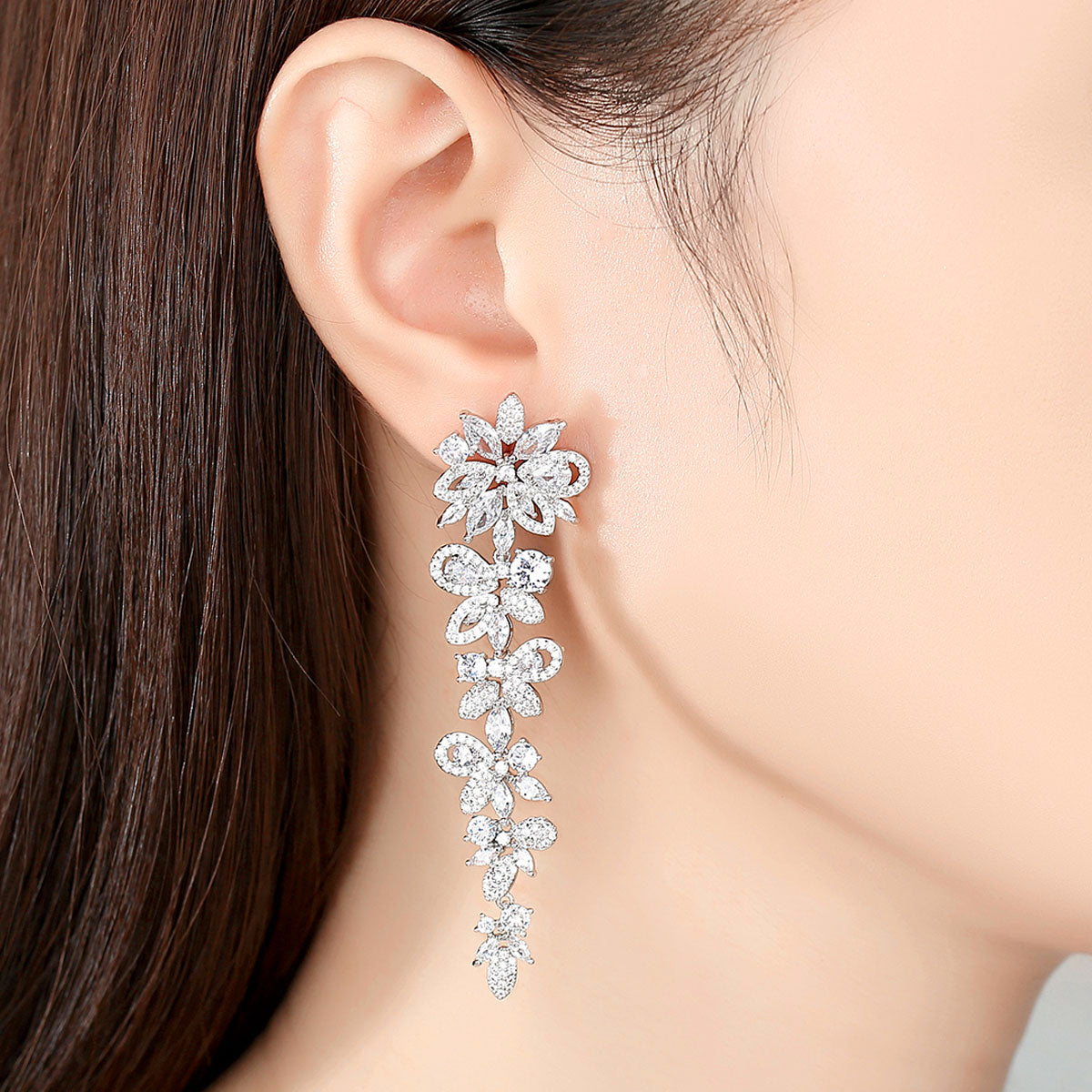 Delicate Long Floral Crystal Wedding Earrings