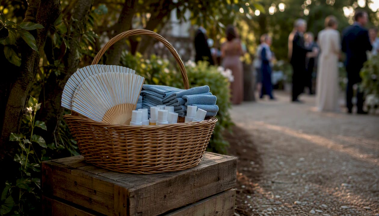 Guest comfort accessories in outdoor wedding basket