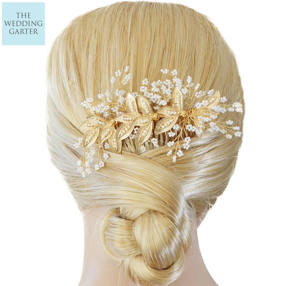 Chic Floral Pearl & Gold Bridal Headpiece Comb Australia