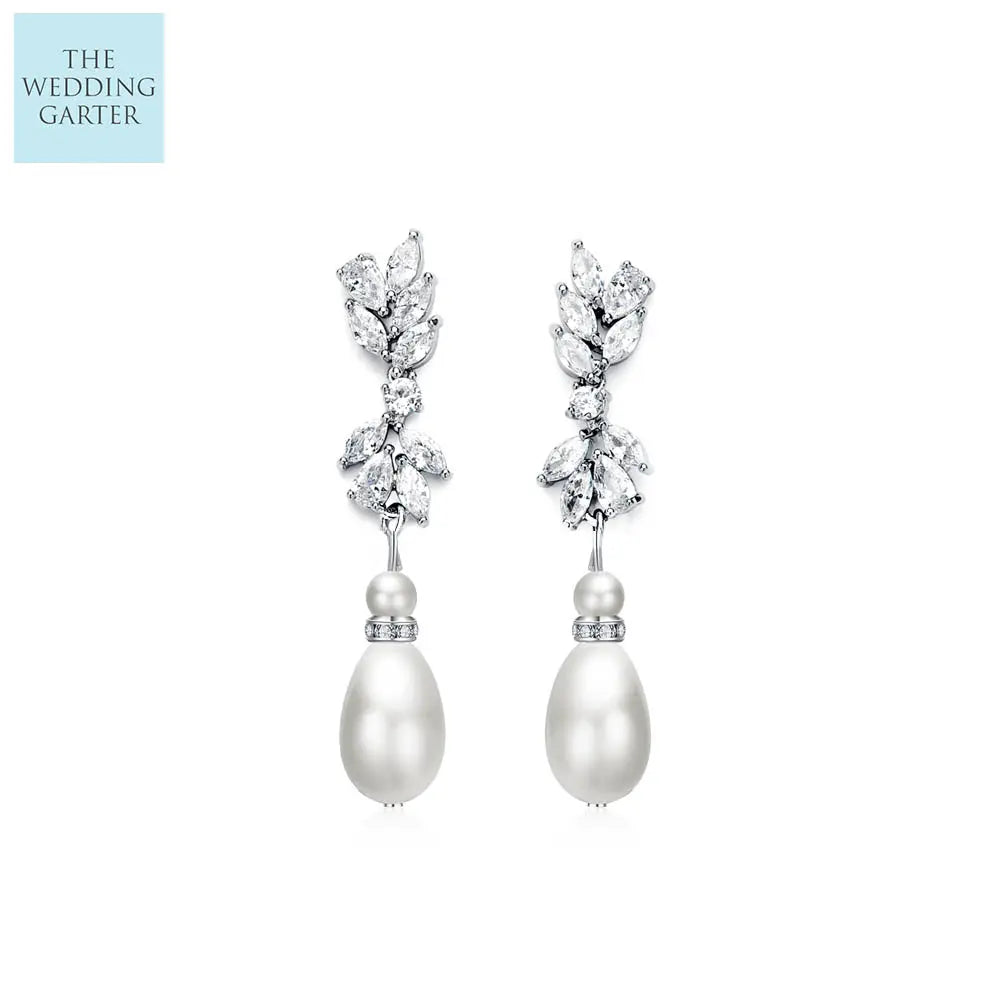 Romantic Long Drop Pearl Bridal Earrings