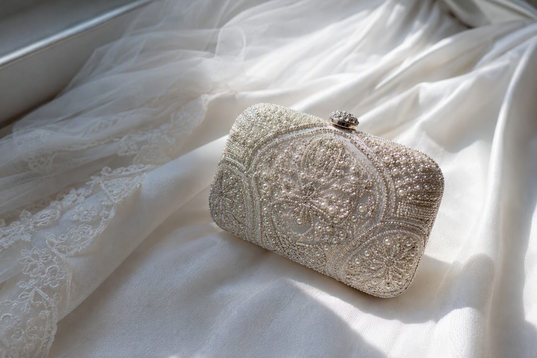 Medium-sized beaded bridal clutch on white linen