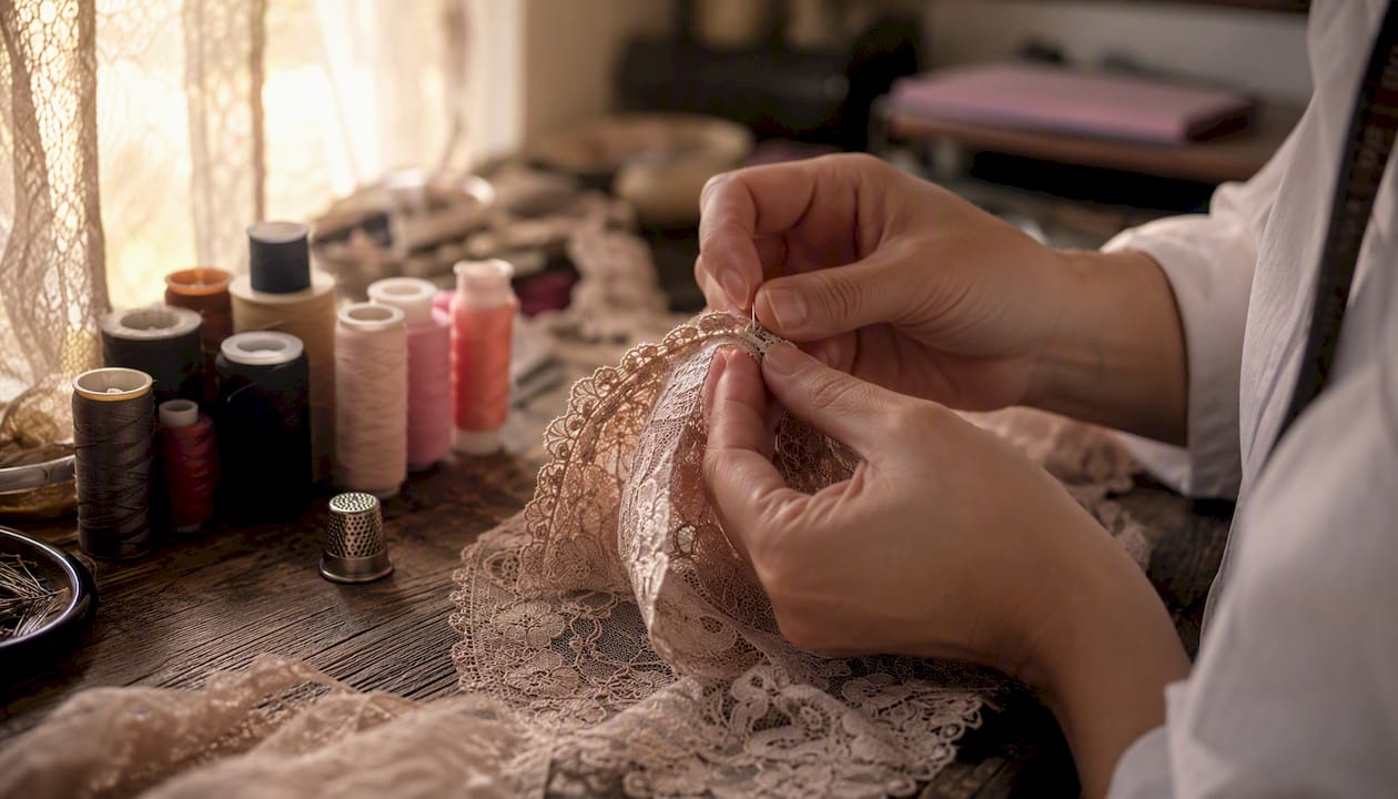 Hands sewing hook and eye closure