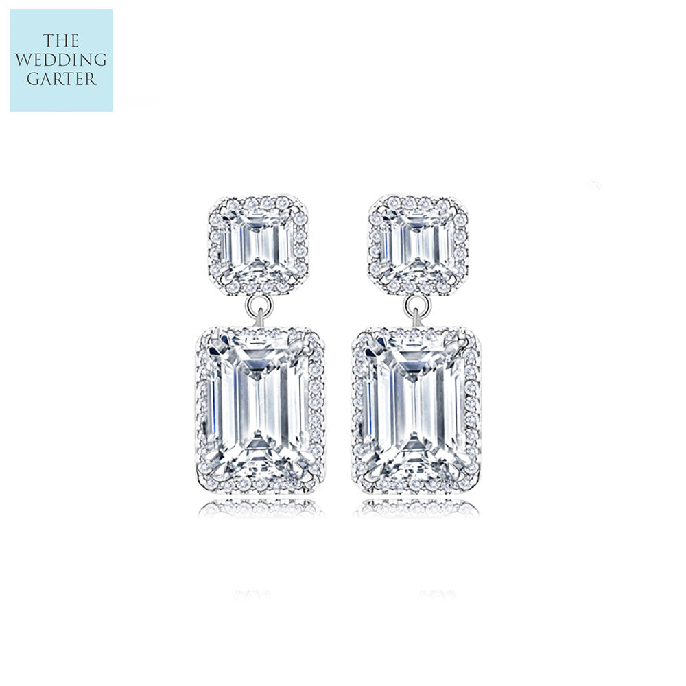 5 Carat Emerald Cut Clear CZ Diamond Drop Wedding Earrings