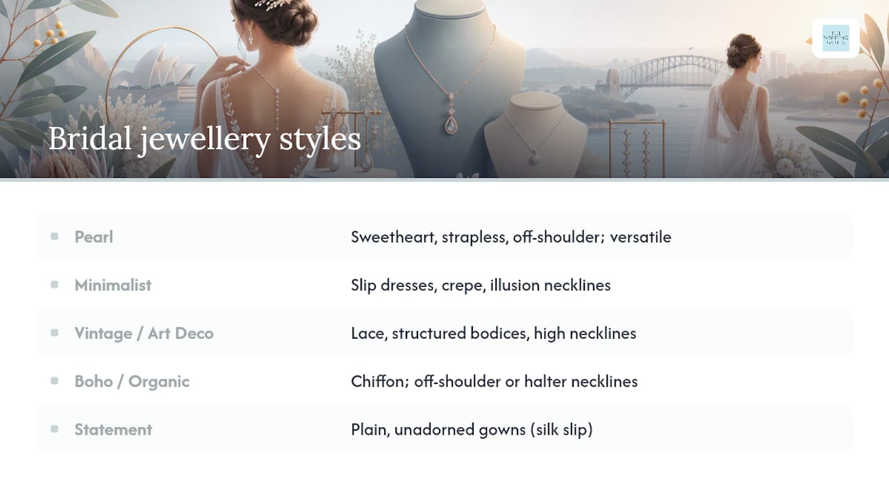 Comparison chart of bridal jewellery styles and matching dress features