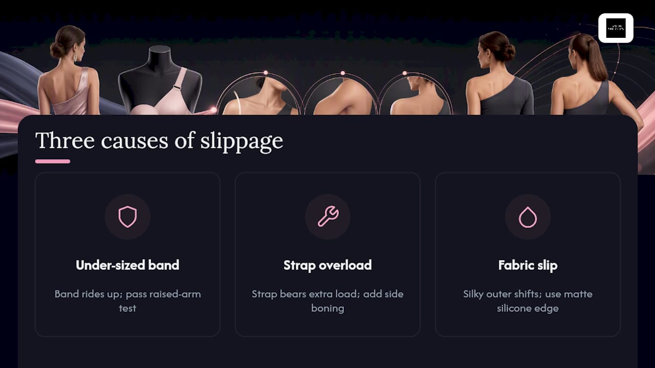 Diagram of slippage causes in one-shoulder bras