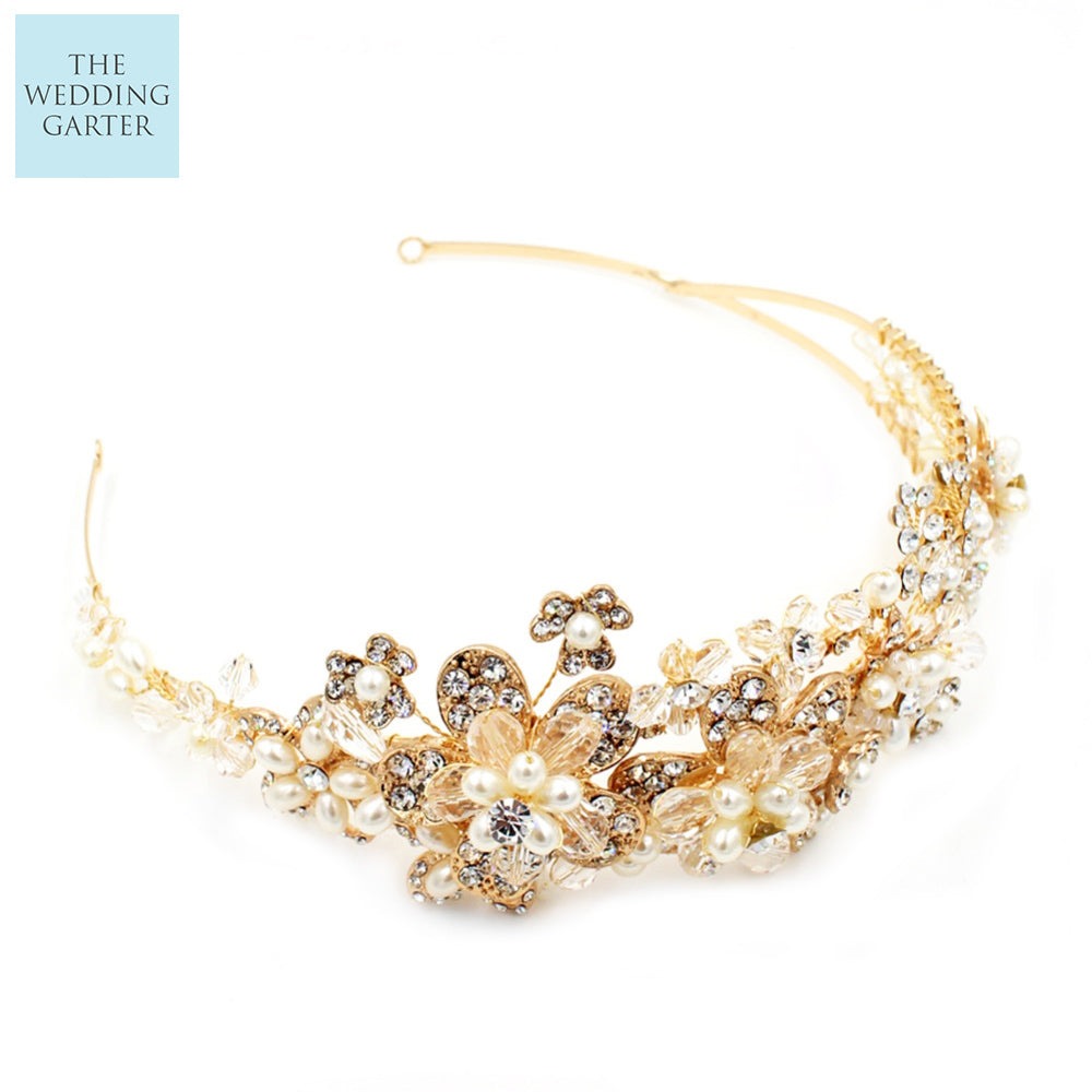 Amazing Gold Crystal Floral Bridal Headpiece Crown