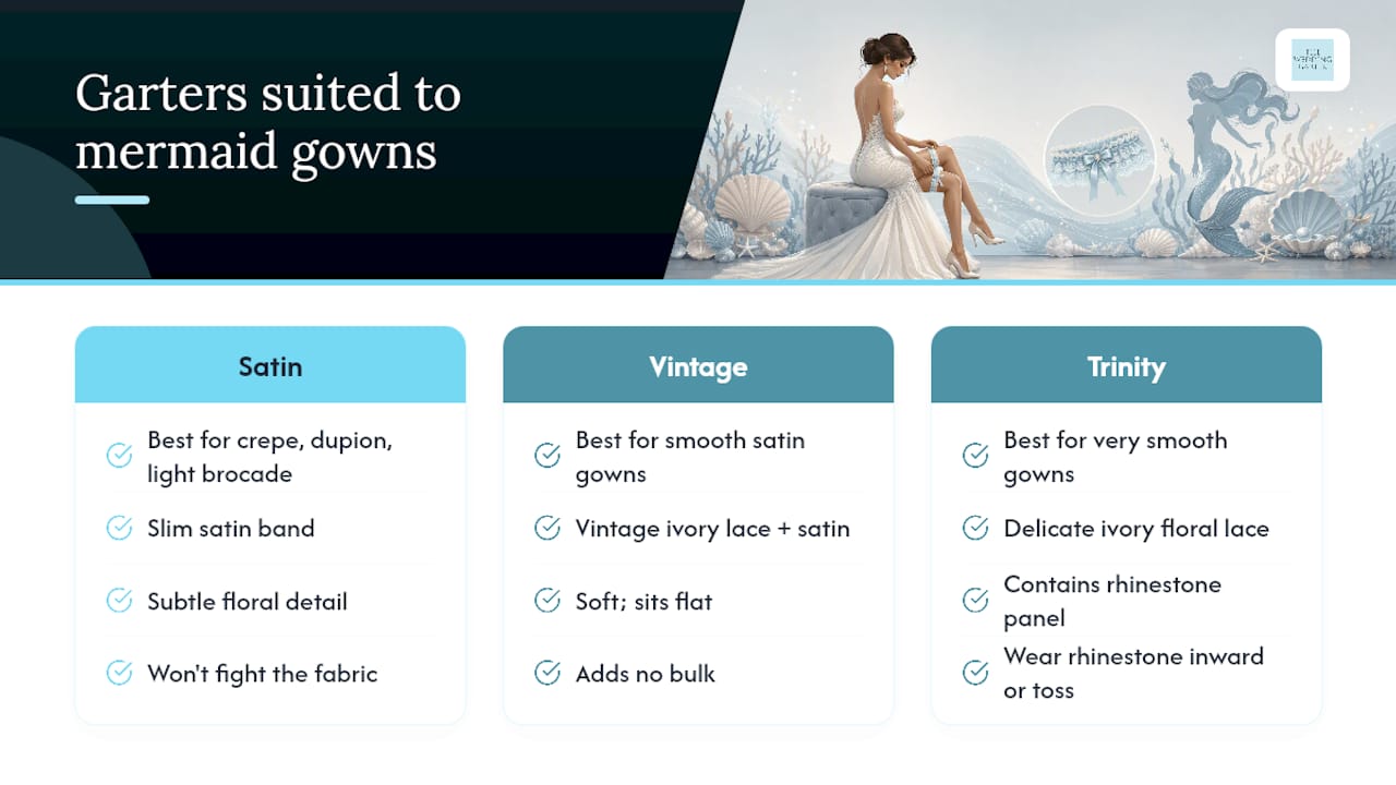 Garters and accessories from The Wedding Garter suited to mermaid gowns — overview diagram