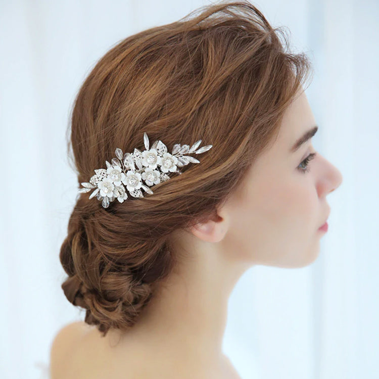 Silver Flowers & Rhinestone Bridal Side Comb
