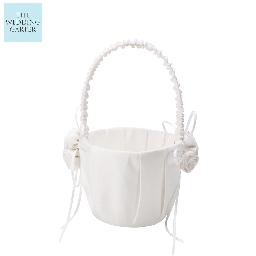 Ivory Satin Floral Flower Girl Basket