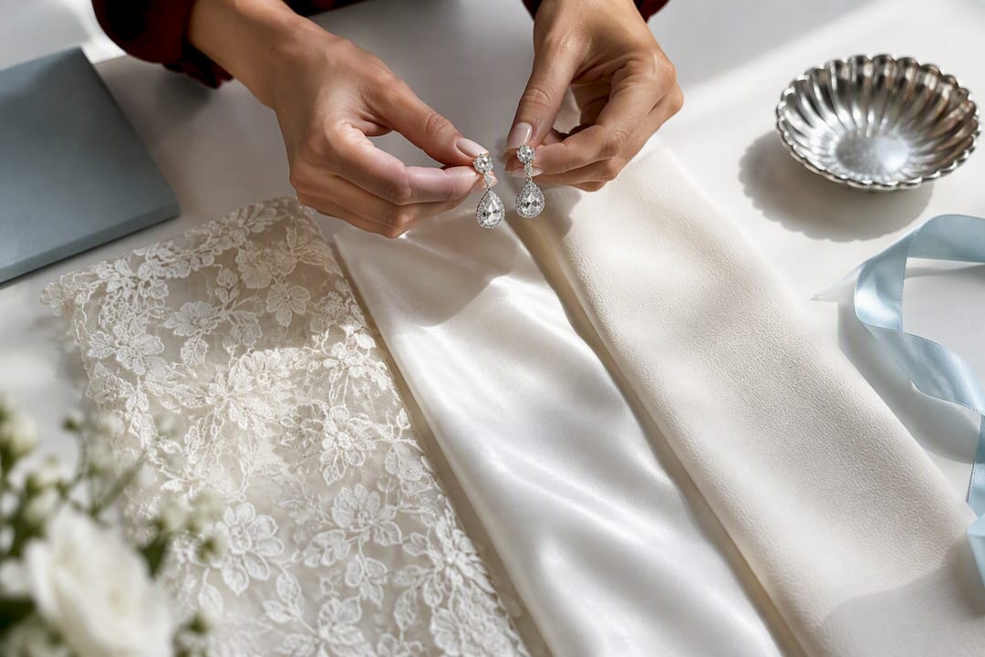 Bridal earrings compared with dress fabrics