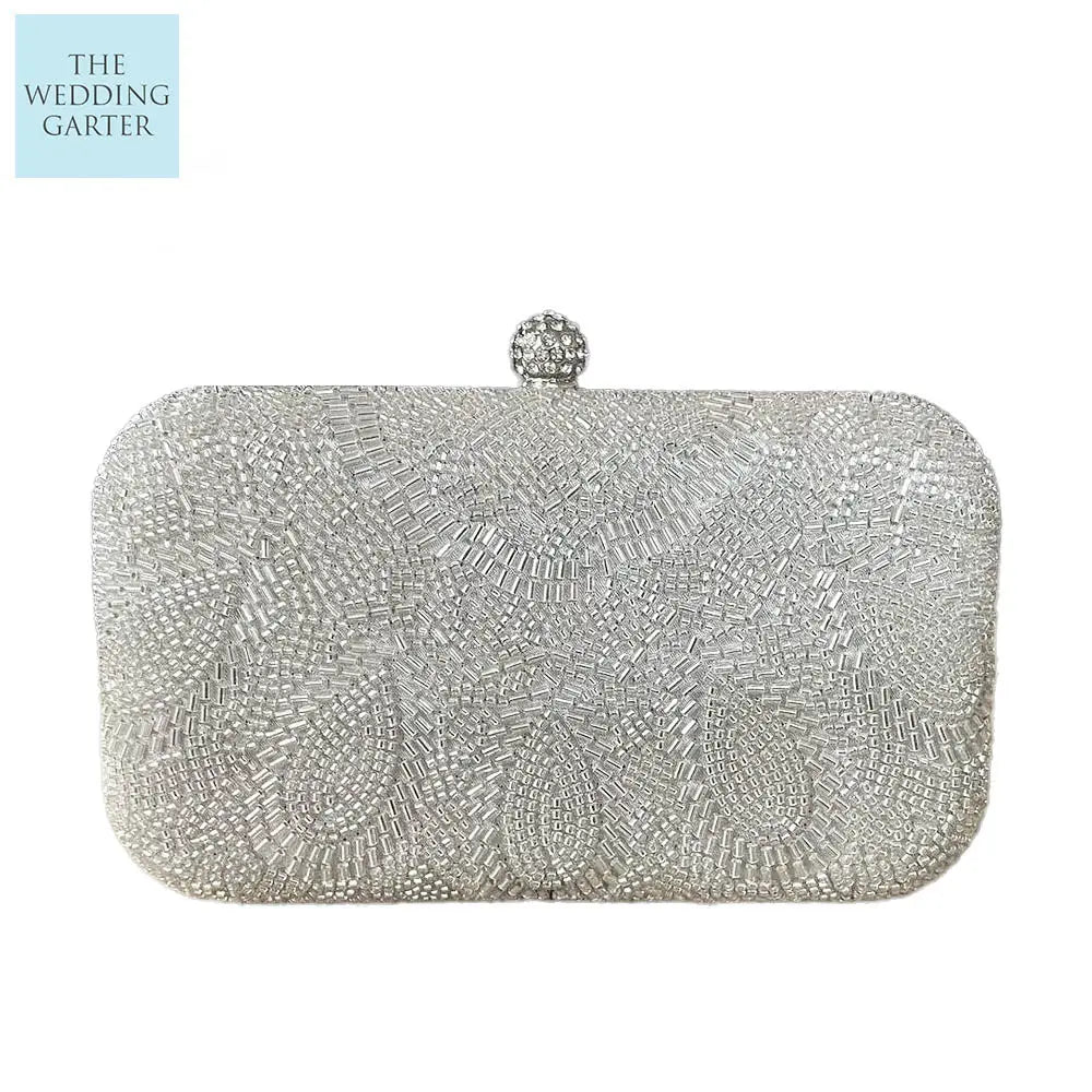 Beaded Silver Satin Wedding Clutch
