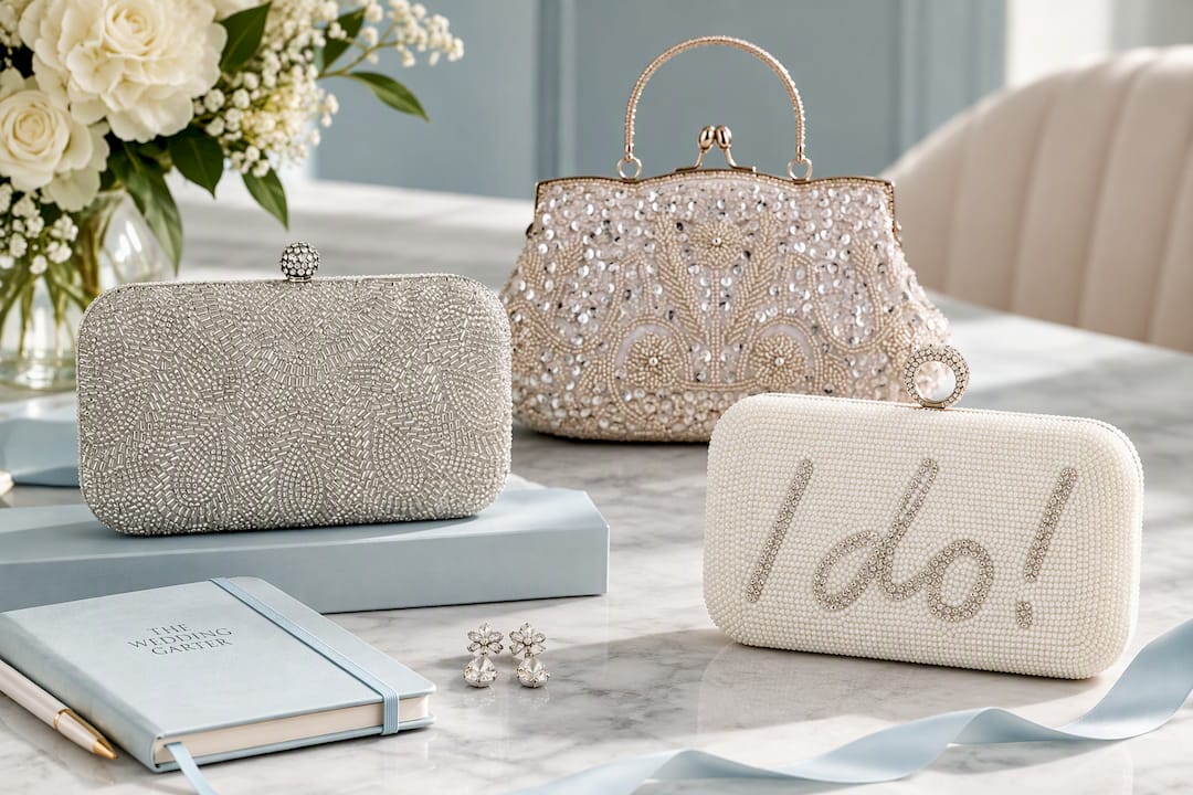 Beaded Silver Satin Wedding Clutch