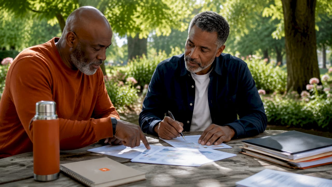 Two men discussing household budgeting methods