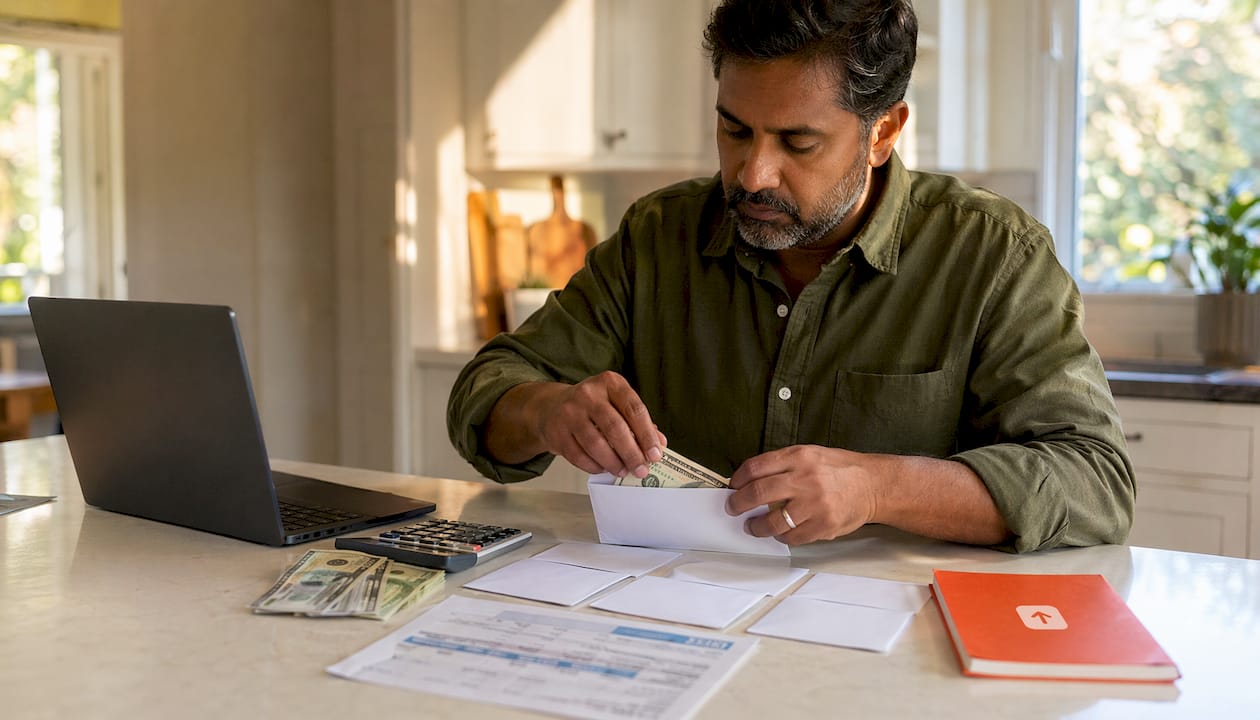Hands organizing bills and savings envelopes