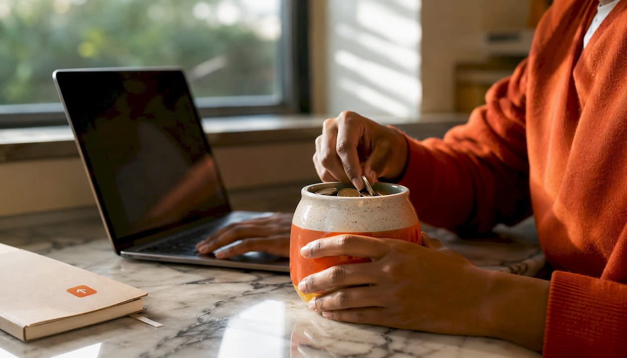 Hands comparing jar and digital savings method