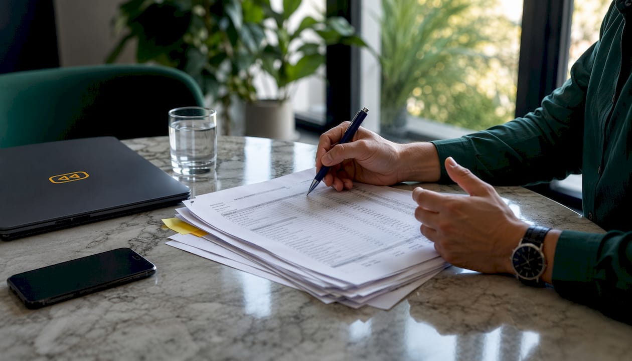 Overhead view of hands reviewing reconciliation reports