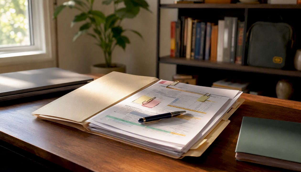 Close-up of bookkeeping handoff documents folder