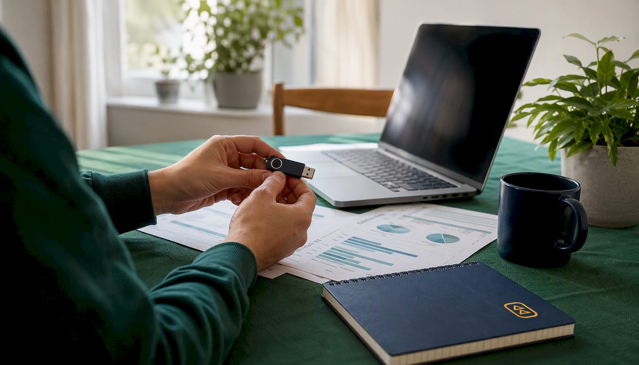 Hands holding USB drive ready for QBO data import