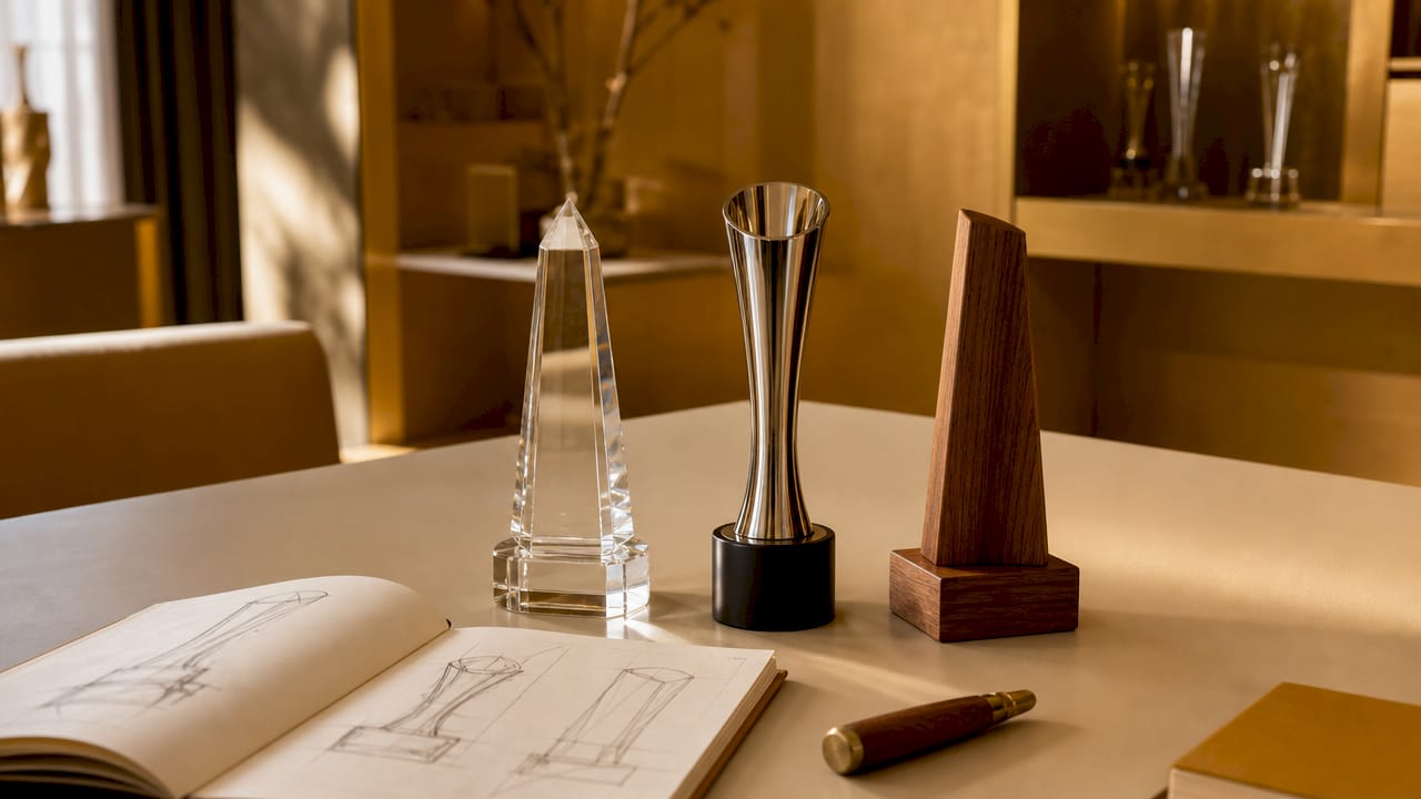 Drei Unternehmenspokale in den Materialien Glas, Metall und Holz – individuell und hochwertig gefertigt.