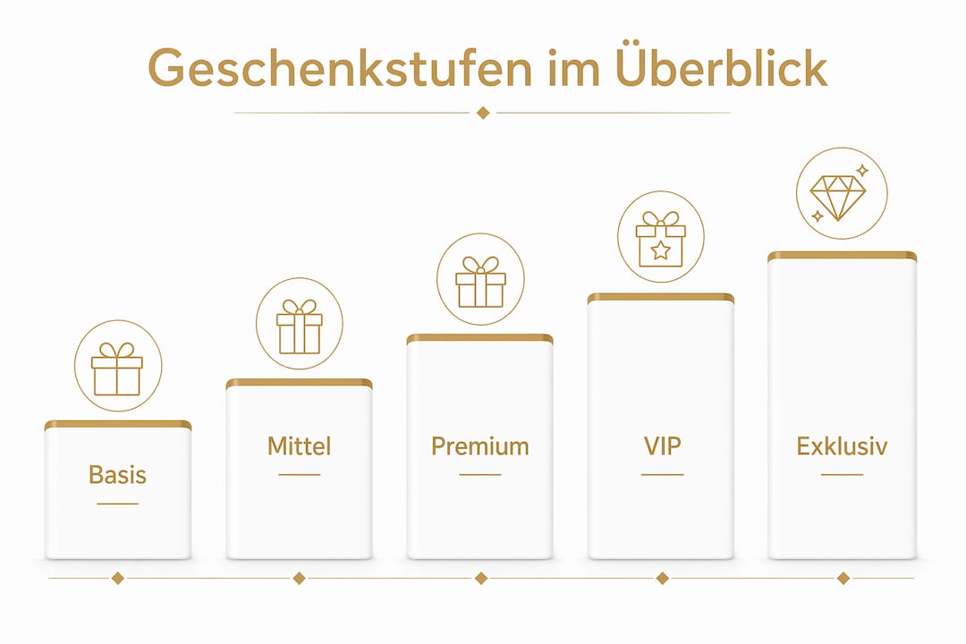 Diese Infografik veranschaulicht die verschiedenen Geschenkebenen im Bereich Corporate Gifting und zeigt, wie sich die Wertigkeit der Präsente je nach Anlass oder Beziehung zum Geschäftspartner staffeln lässt.