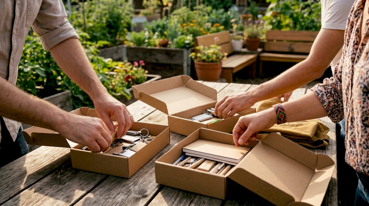 Mit geschickten Händen werden günstige Werbegeschenke liebevoll arrangiert.