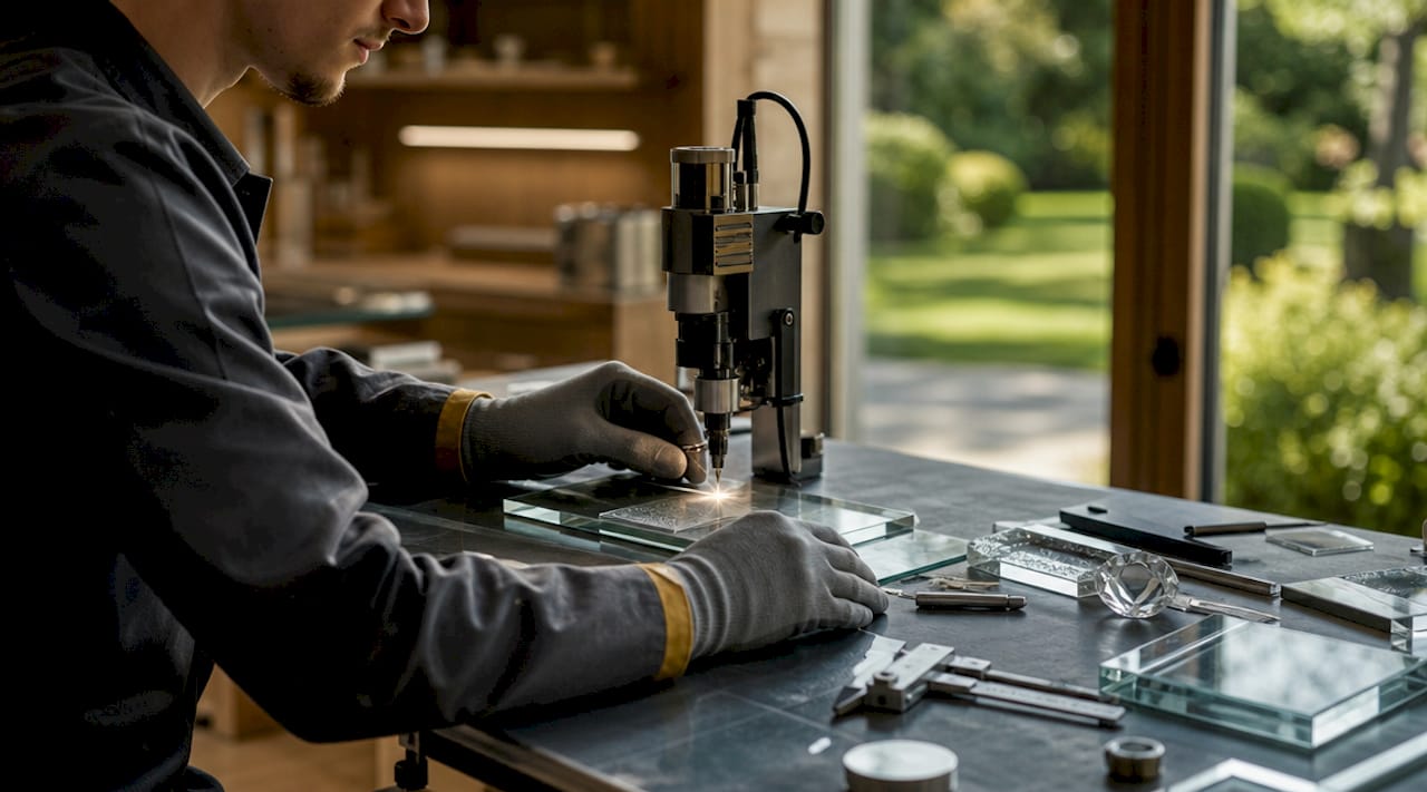 Ein Fachmann kontrolliert die Qualität der Lasergravur auf einer Glasoberfläche.