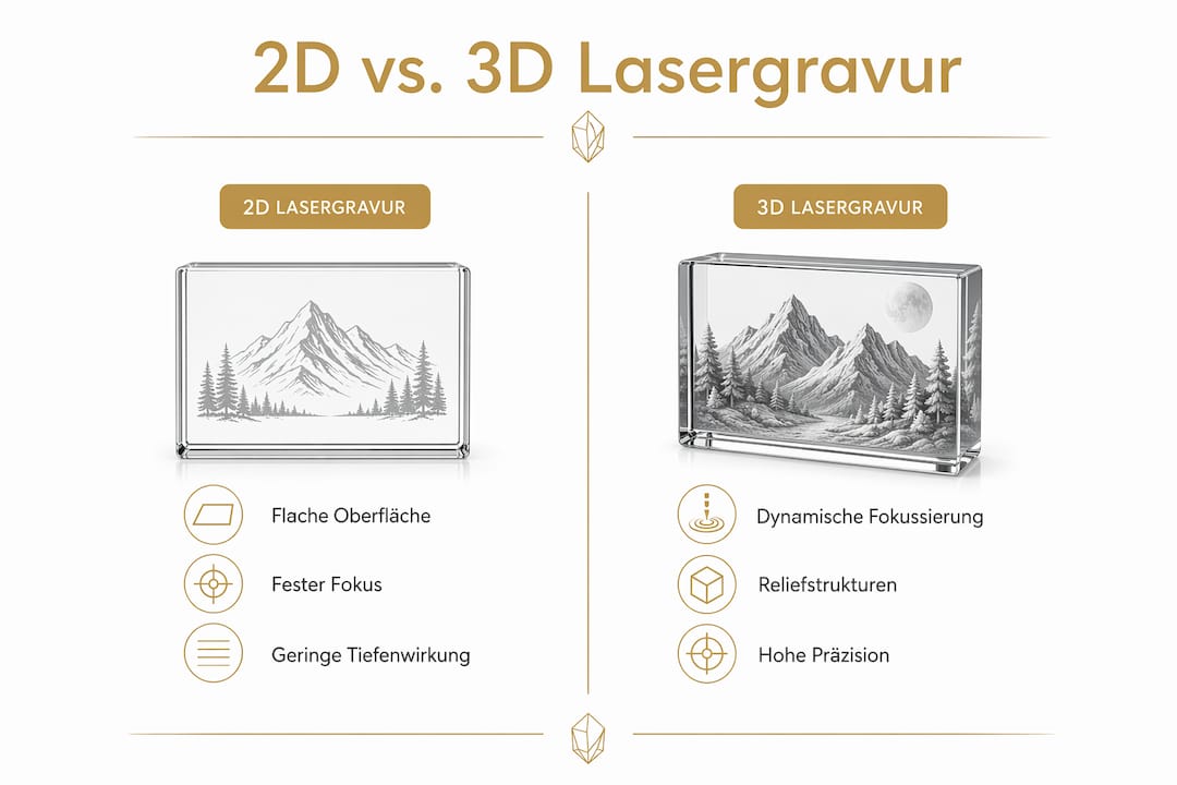 Grafische Übersicht: 2D- und 3D-Lasergravur im direkten Vergleich