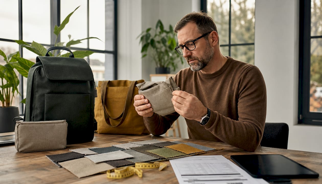 Ein Mann begutachtet aufmerksam Werbeartikel aus recyceltem PET.