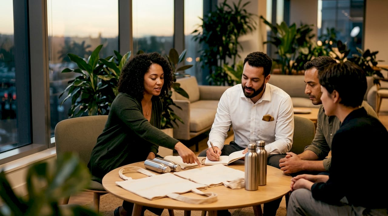 Das Marketingteam diskutiert, welche Werbegeschenke am besten zur Zielgruppe passen.