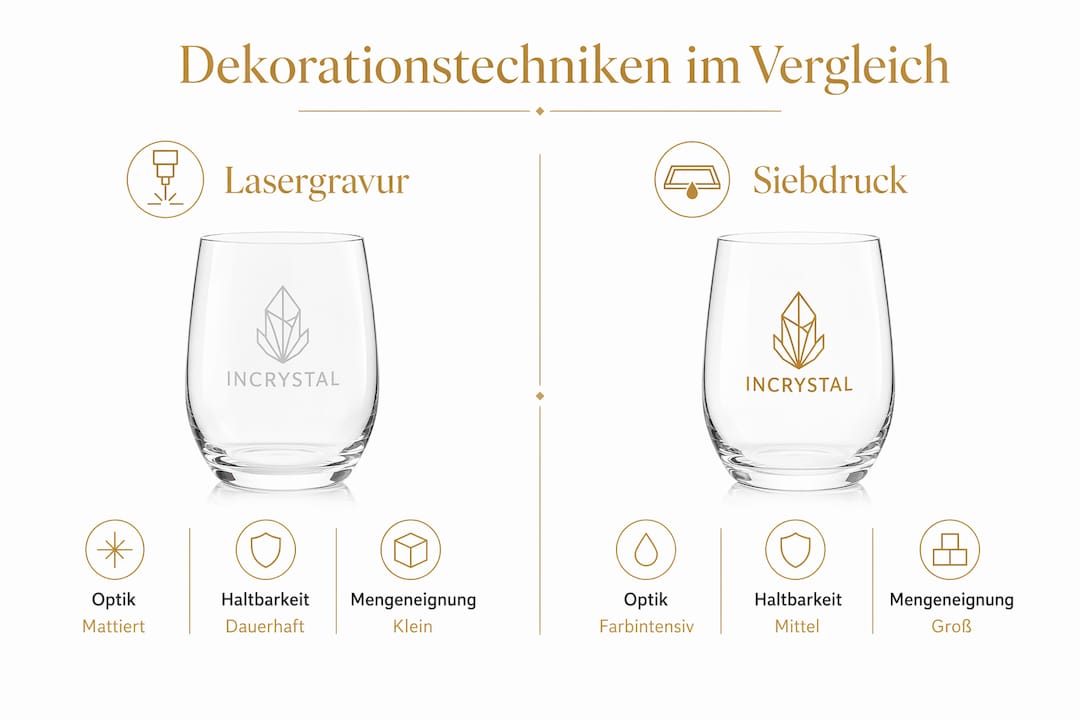Die Infografik bietet einen anschaulichen Überblick über verschiedene Techniken zur Dekoration von Glasobjekten.