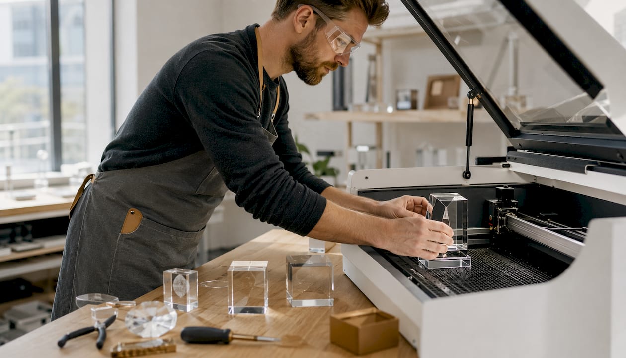 Mit ruhigen Händen wird eine Kristalltrophäe vorsichtig in die Lasergravur-Maschine gelegt.