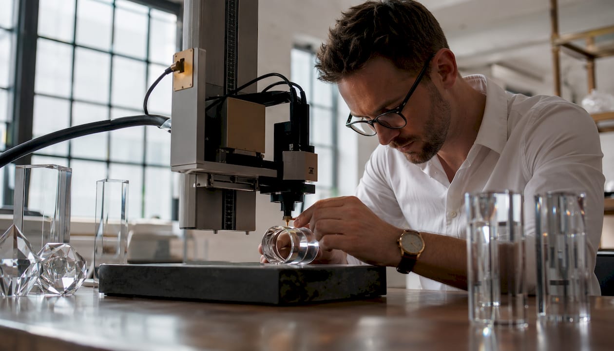 Nahaufnahme: Hände bei der Gravur eines Werbegeschenks aus Glas