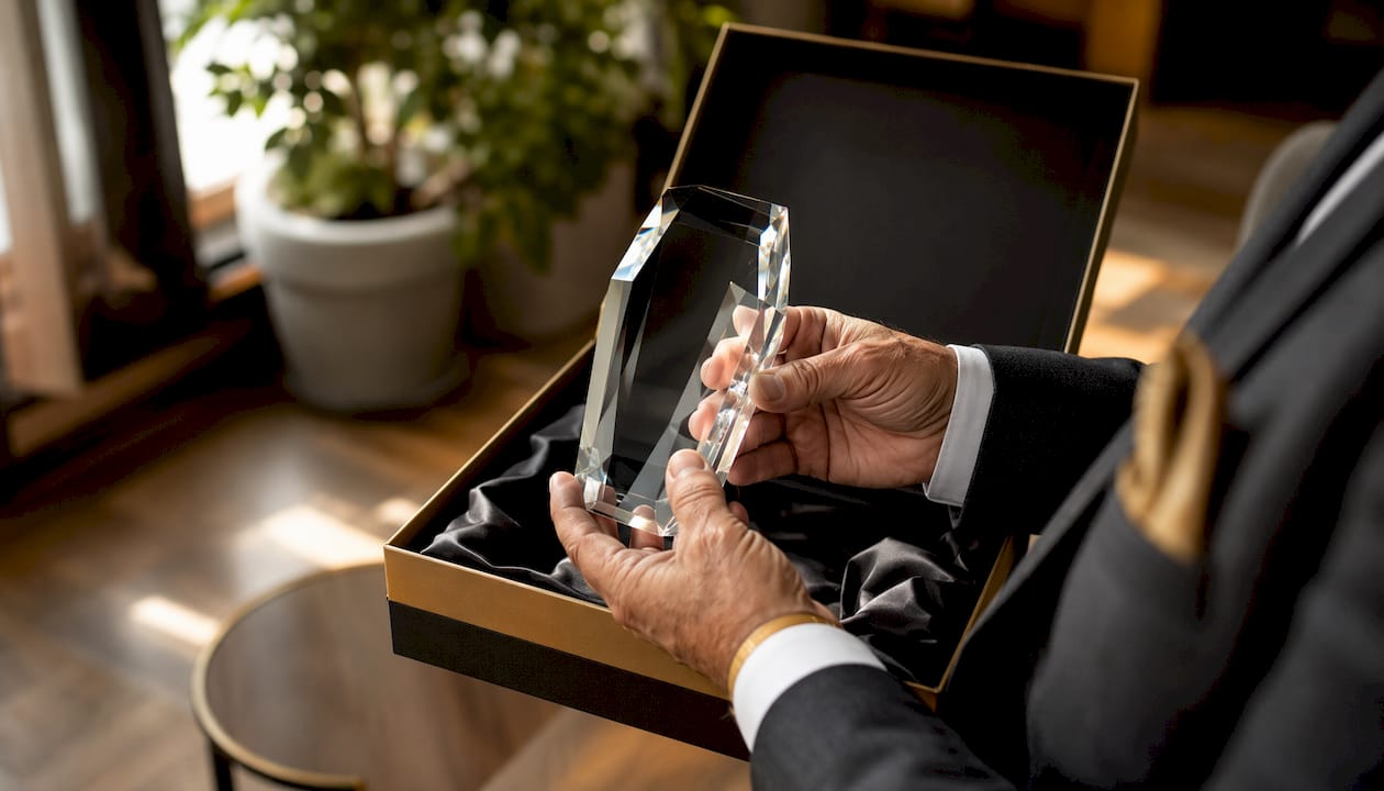 Ein Paar Hände hebt einen Glas-Award behutsam aus einer Box mit Firmenlogo.