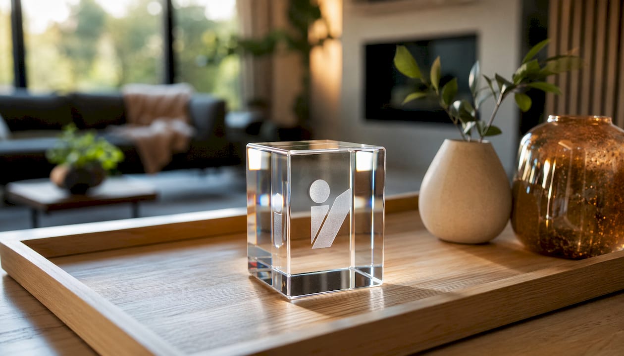 Noble glass cube with artful engraving inside