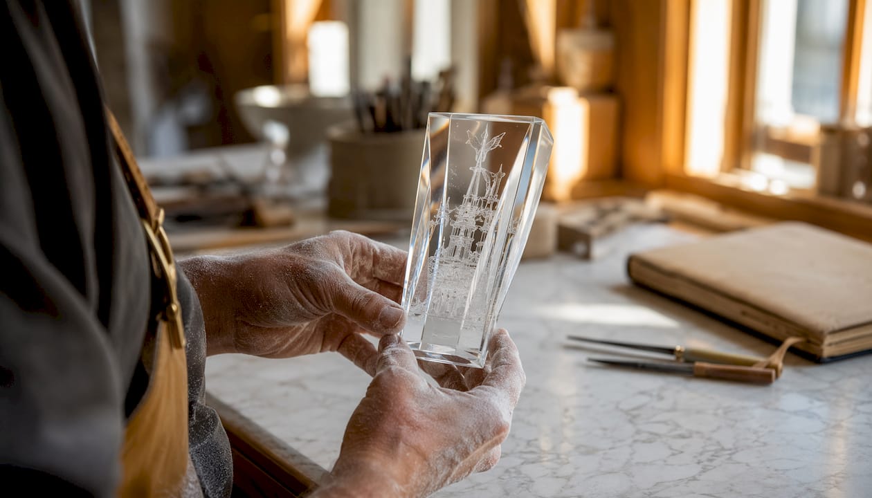 Detail shot: One hand holds an engraved crystal award