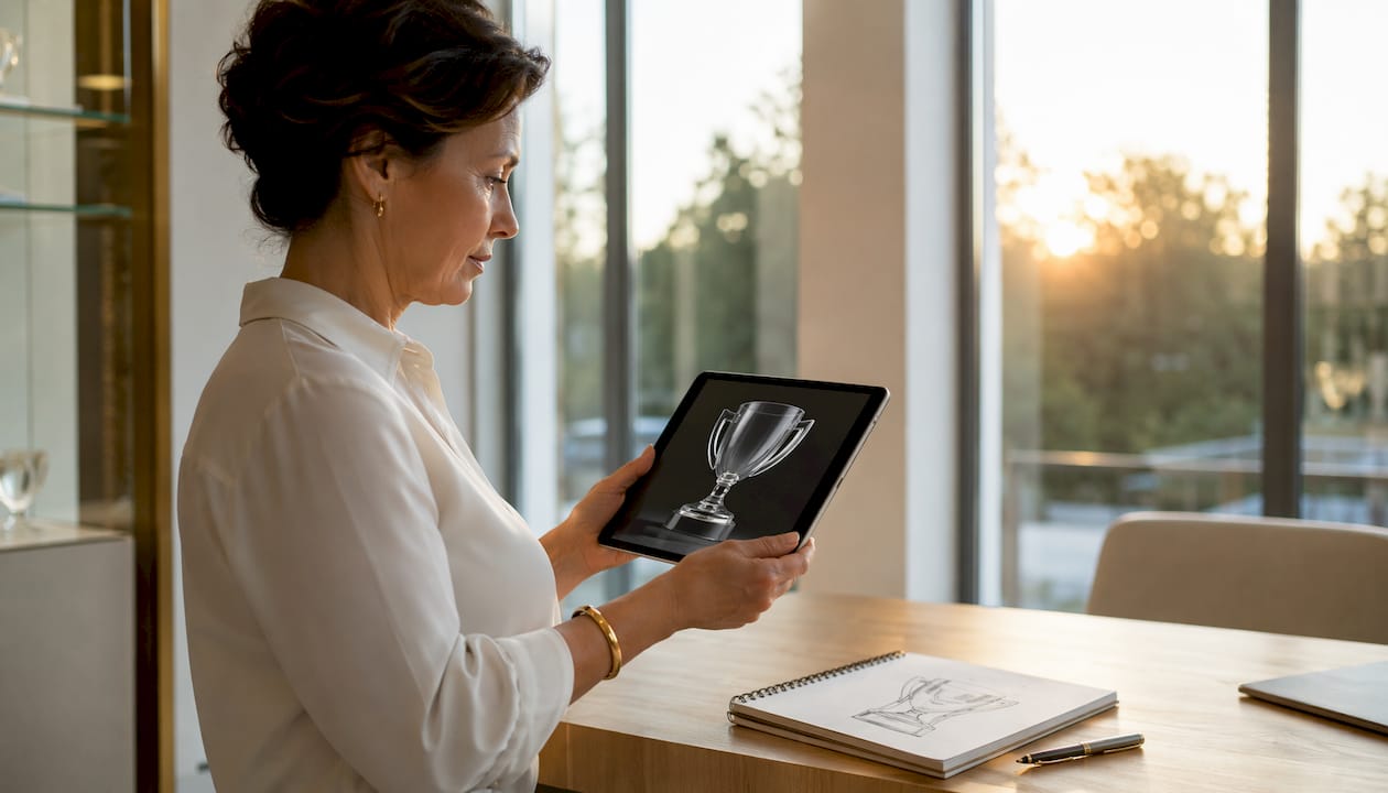 Mit den Händen die 3D-Pokalansicht auf dem Tablet erkunden