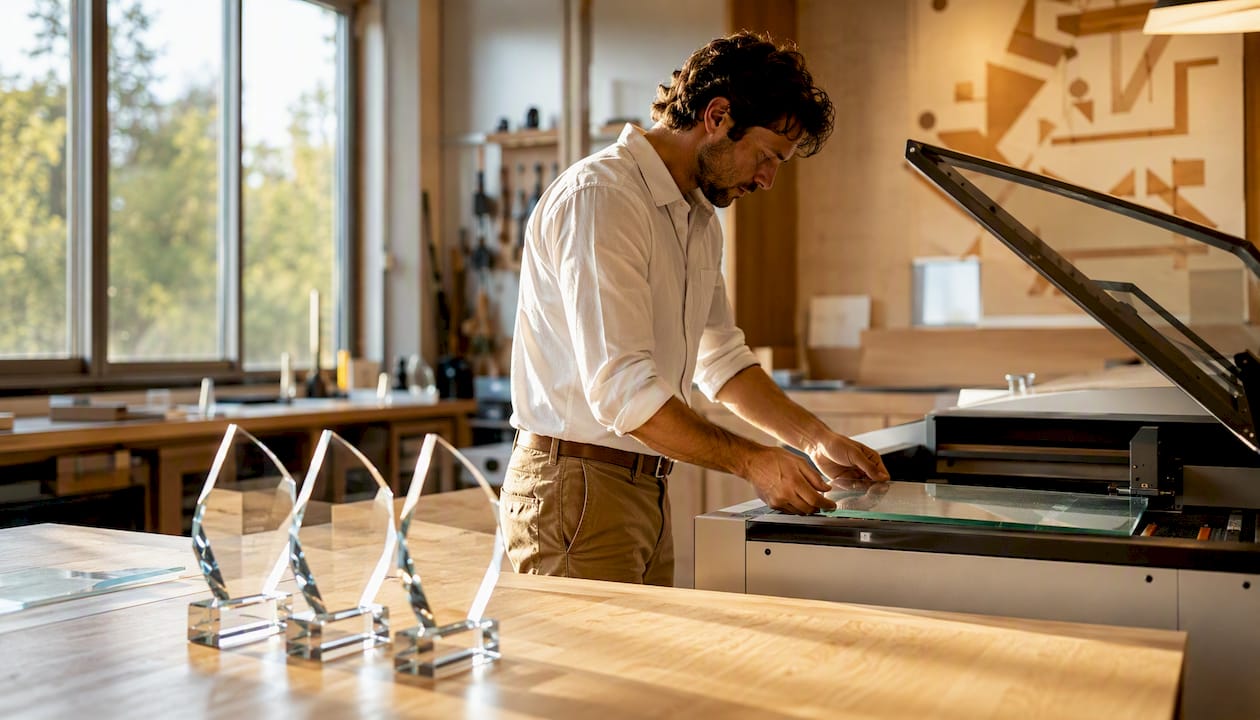 Achten Sie darauf, Ihre Hände beim Einlegen des Glases in die Lasergravurmaschine sicher zu positionieren.