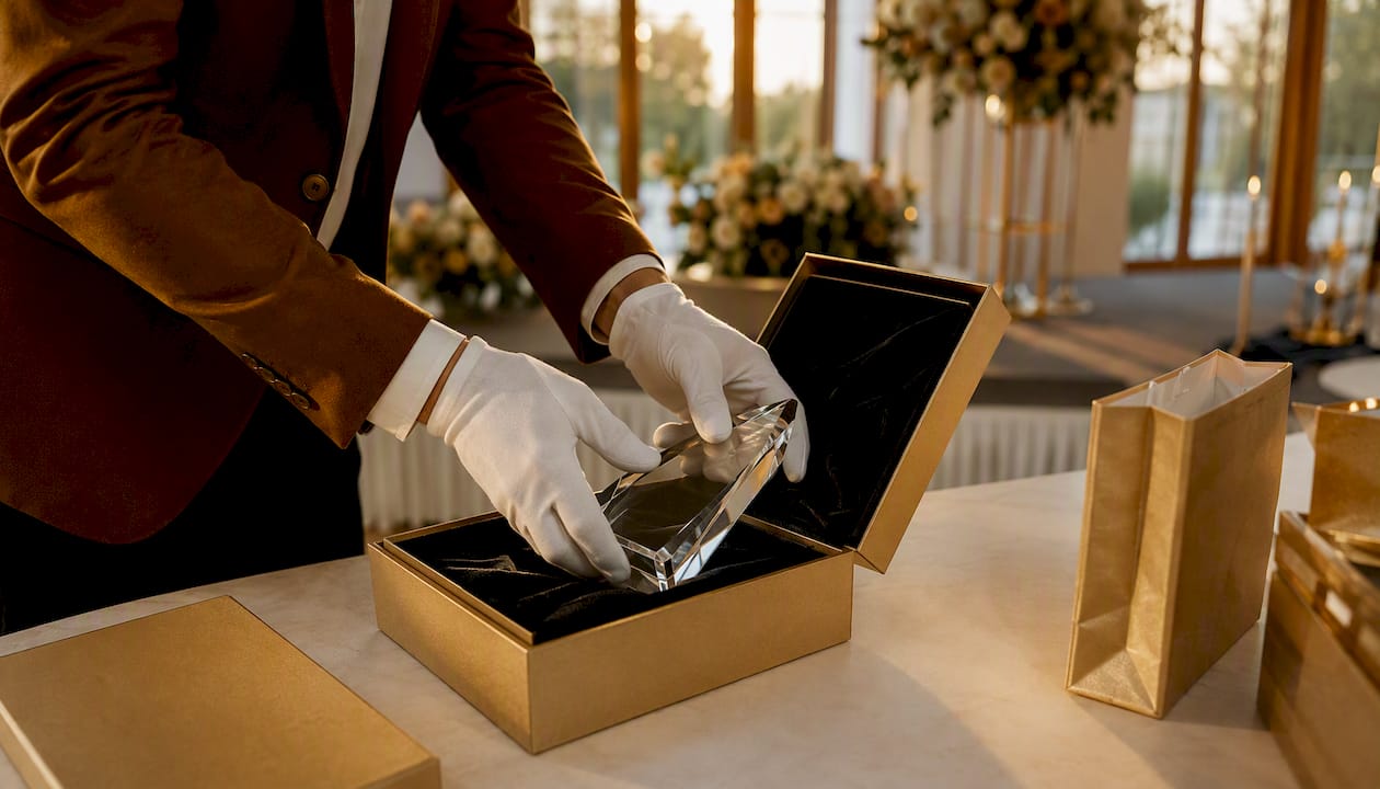 Hände legen einen Glas-Award auf einer Bühne in eine Präsentationsbox