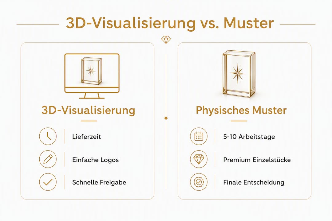 Infografik: 3D-Visualisierung vs. physisches Muster im Direktvergleich