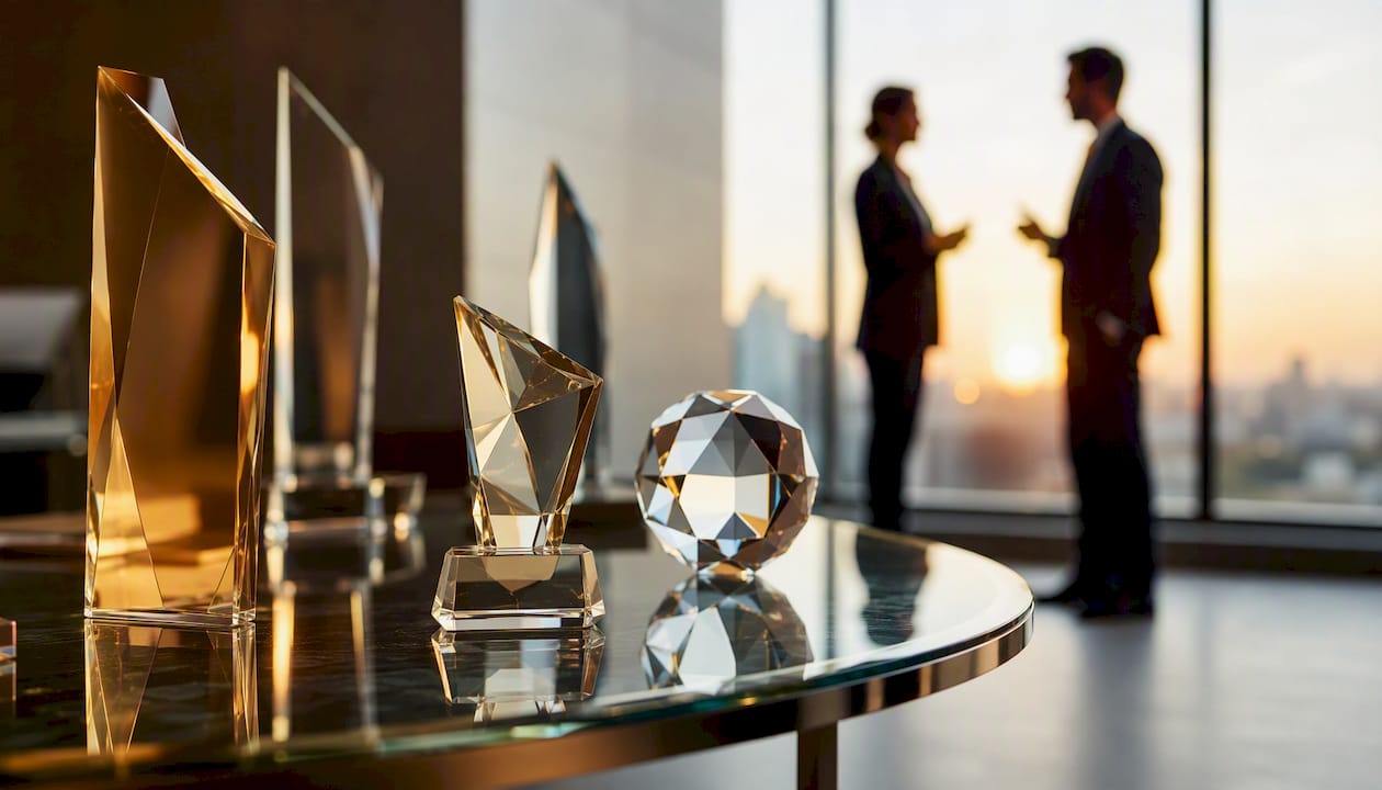 Hochwertige Glas-Trophäen stehen auf einem Tisch in einem professionellen Umfeld und verleihen der Veranstaltung einen exklusiven Charakter.
