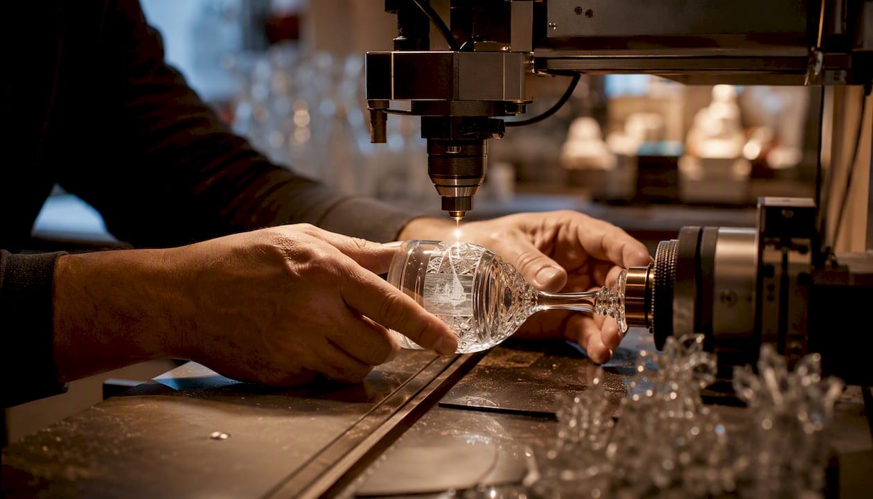 Ein Handwerker veredelt eine Glas-Trophäe mit einer filigranen 3D-Gravur.