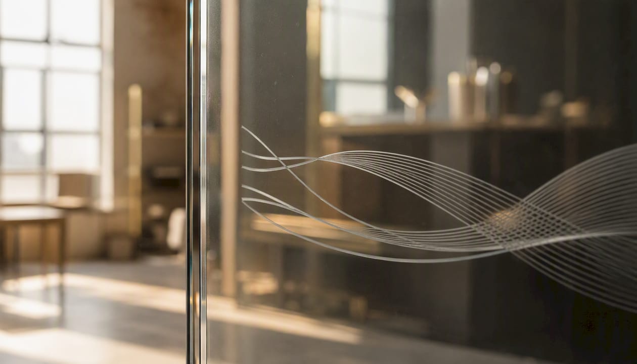 Detailaufnahme einer Glasoberfläche mit zweidimensionaler Lasergravur