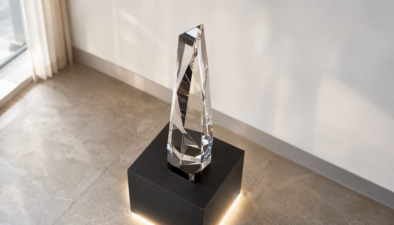 Ein edler Kristall-Award wird effektvoll auf einem schwarzen LED-Sockel in Szene gesetzt.