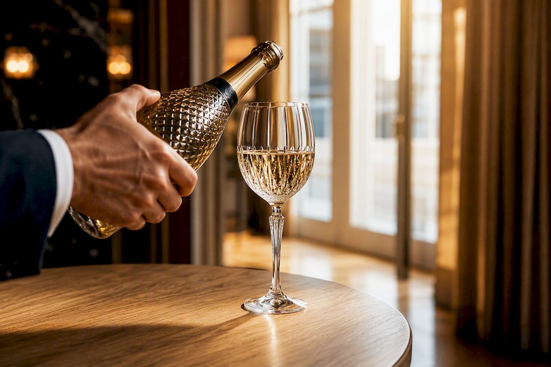 Hand hebt ein Glas neben einer Kristall-Auszeichnung