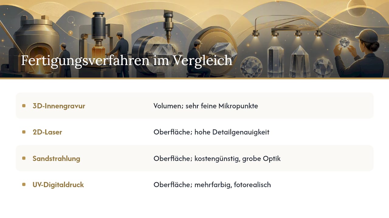 Fertigungsverfahren: Wirkung von 3D-Innengravur, 2D-Laser, UV-Digitaldruck und Sandstrahlung — overview diagram
