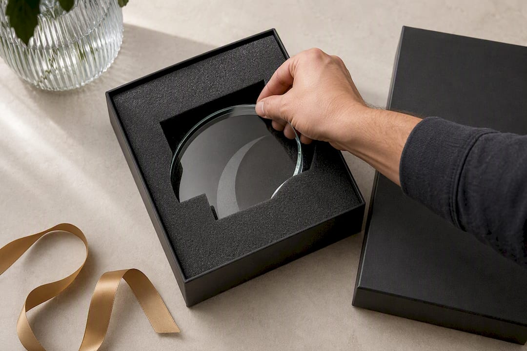 Graviertes Glasobjekt in Geschenkverpackung