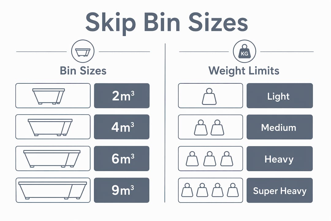 Infographic comparing skip bin sizes and weight limits