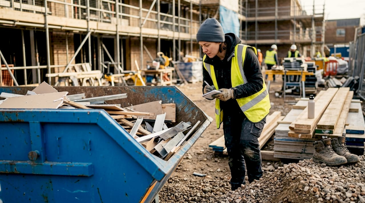 Woman measuring empty skip bin at construction site